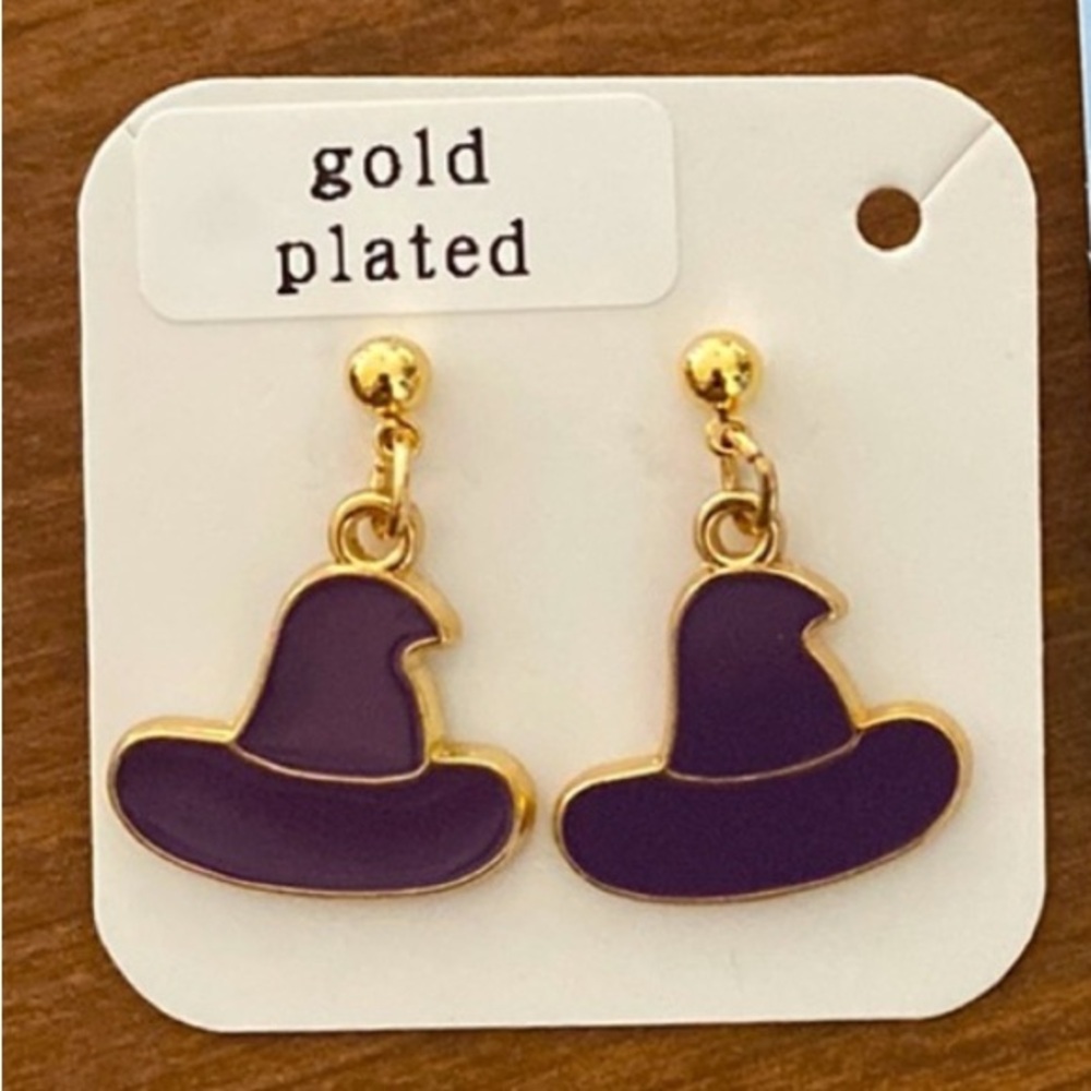 Purple Witch Hat Earrings Gold Plated Posts NEW